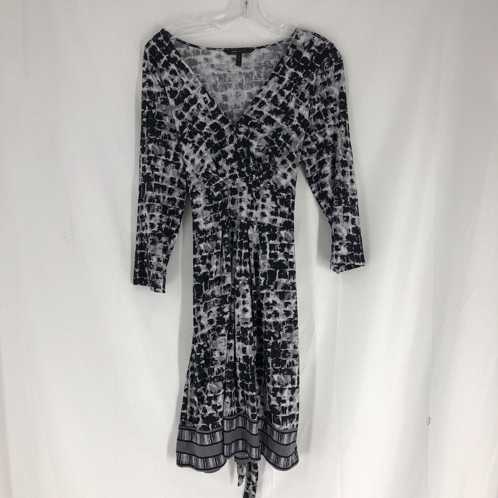 BCBG Max Azria Black Gray 3/4 Sleeve V Neck Dress Tie Waist Size Large